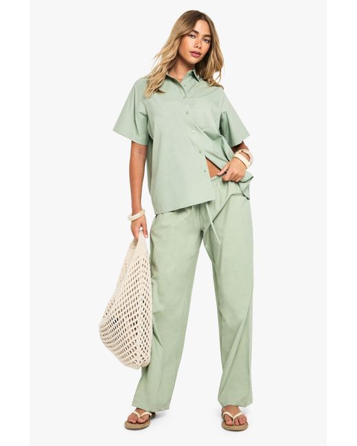 Boohoo Green Cotton Poplin Wide Leg Trousers