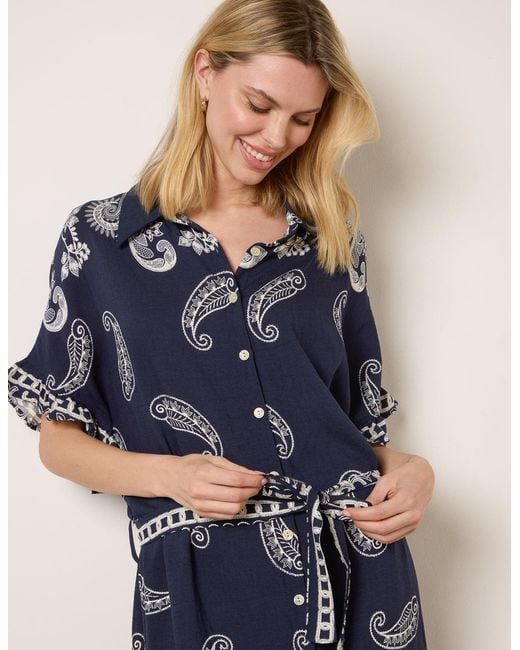 Blue Vanilla Blue Paisley Print Belted Shirt Dress