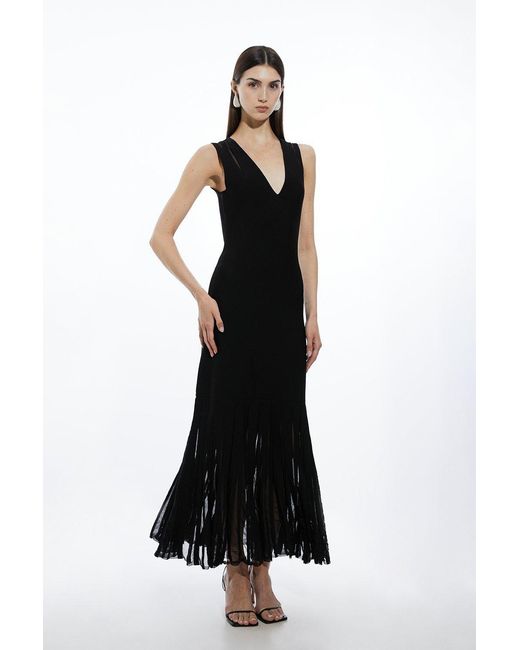 Karen Millen Black Viscose Blend Sheer Skirt Maxi Knit Dress