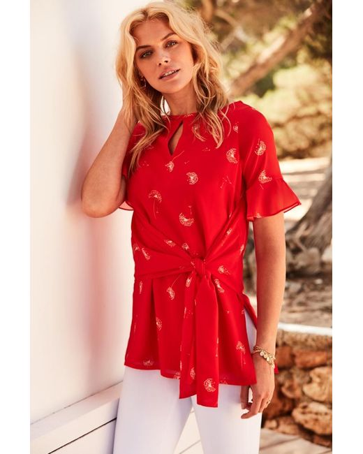Sosandar Red Coral & Falling Dandelion Print Top