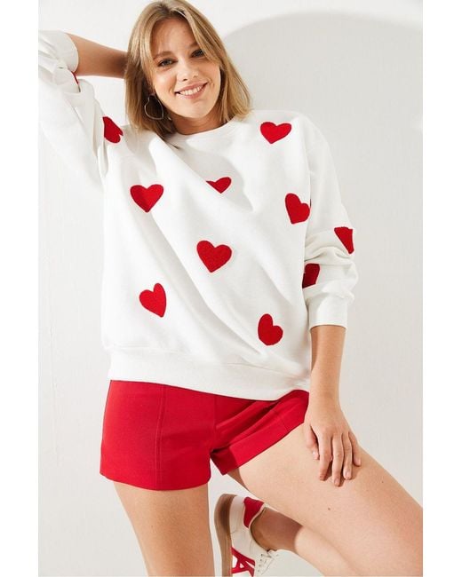 Bianco Lucci Oversized Embroidered Crew Neck Sweatshirt