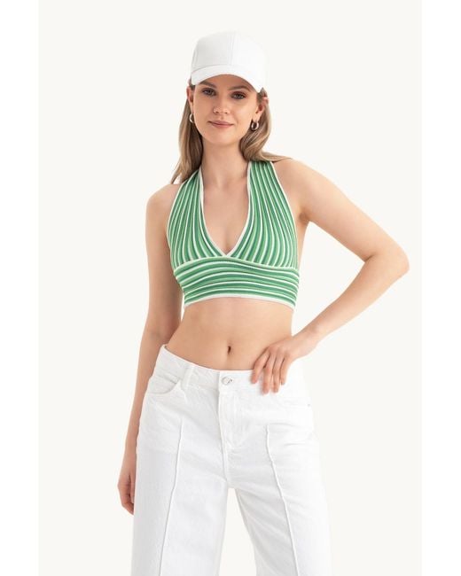 Hiccup White Striped Deep V Neck Halter Backless Crop Top