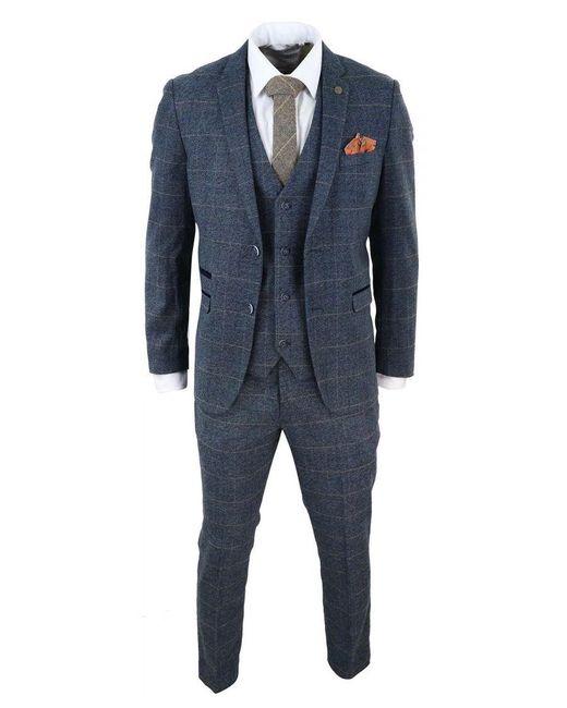 Infinity Leather Blue 3 Piece Tweed Check Vintage Suit for men