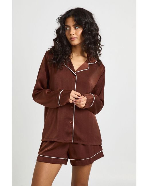 Boohoo Brown Satin Piping Detail Long Sleeve Shirt & Shorts Pyjama Set