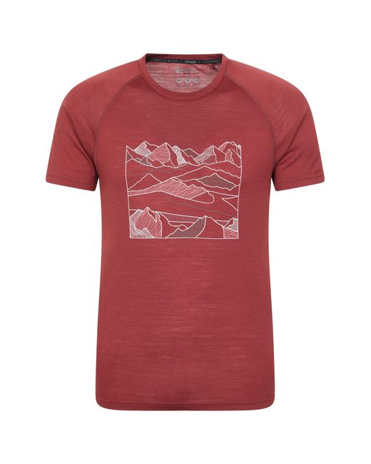 Mountain Warehouse Red 'Quest' Merino Printed Graphic T-Shirt Casual Short Sleeve Crew Tee Top for men