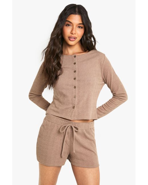 Boohoo Brown Crinkle Button Through Long Sleeve Top