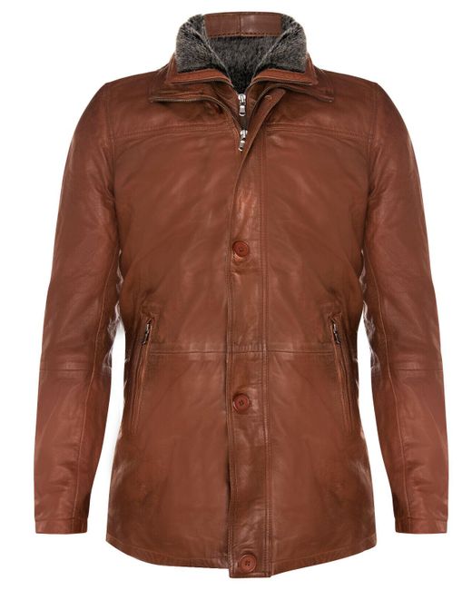 Infinity Leather Brown Removable Collar Mid Length Warm Jacket for men