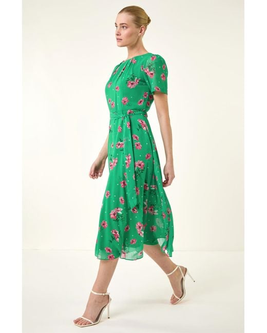 Roman Green Floral Chiffon Pleated Dress