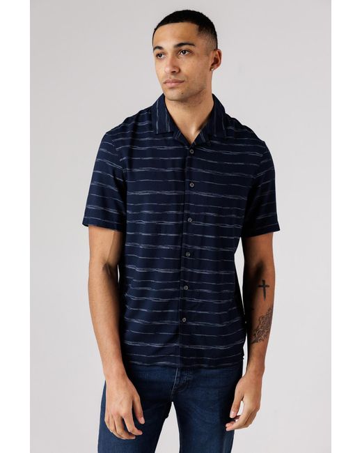 French Connection Blue Horizontal Stripe Print Short Sleeve Shirt for men