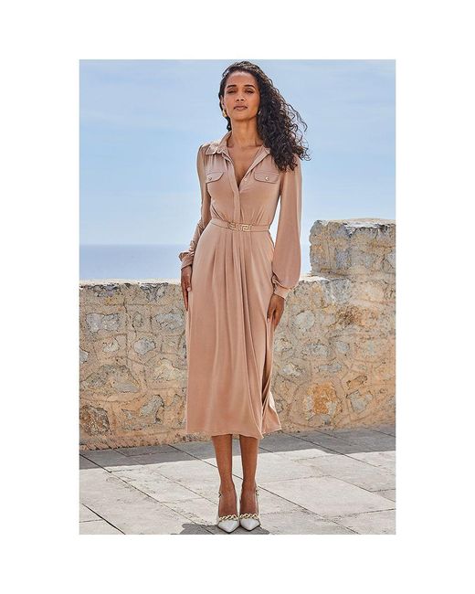 Sosandar Blue Camel Midi Shirt Jersey Dress With Belt Detail