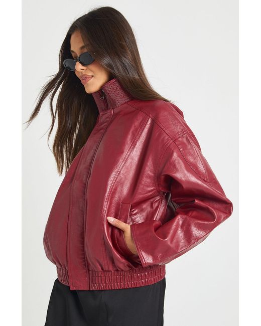 Boohoo Red Funnel Neck Faux Leather Bomber Jacket