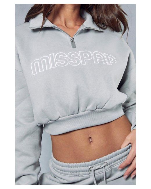 MissPap Gray Embroidered Half Zip Cropped Sweatshirt