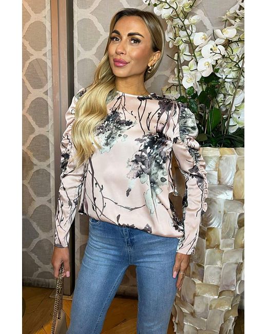 AX Paris Pink Dusty Printed Ruched Sleeve Top