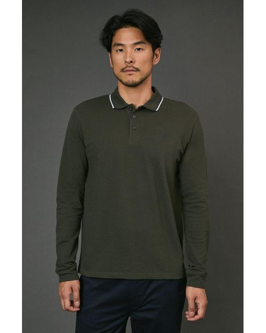 MAINE Green Dark Long Sleeve Pique Polo Shirt Cotton for men