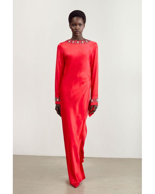 Karen Millen Red The Founder Petite Crystal Embellished Satin Wrap Maxi Dress