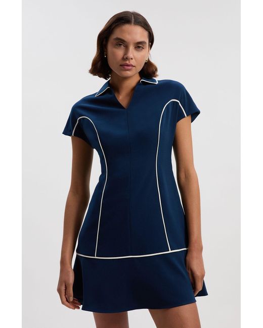 Karen Millen Blue Tailored Crepe Tipped Mini Shirt Dress