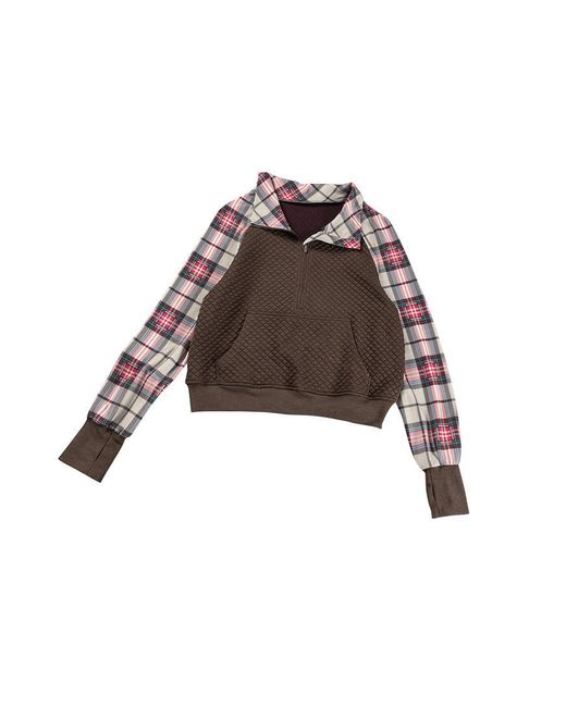 Azura Exchange Khaki Gedrukt Ruit Mouw Patches Gecombineerde Kraag Textuur Sweater in het Brown
