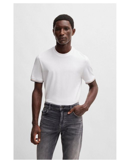 Boss White Thompson Striped Cotton T-Shirt for men