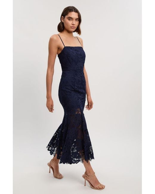 Karen Millen Blue Petite Guipure Lace Woven Bardot Midi Dress
