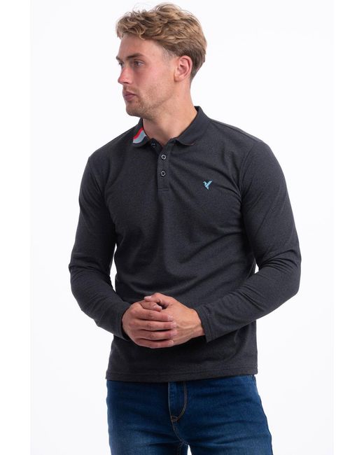 D Rock Blue Polo Shirt With Dual-Stripe Collar Long Sleeve for men