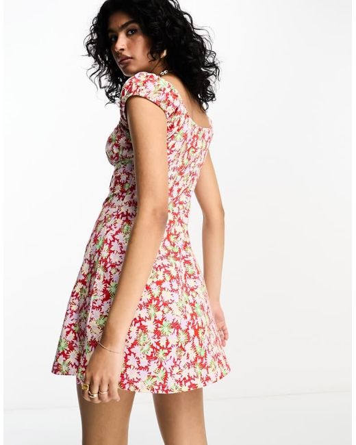 ASOS Pink Cap Sleeve Ruched Mini Dress With Tie Detail