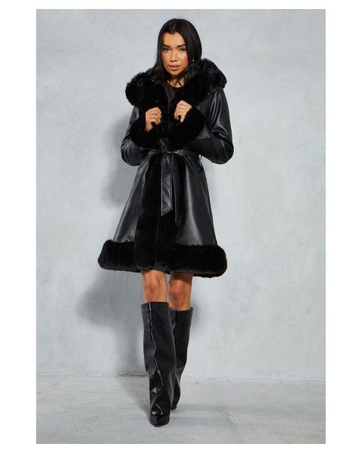 MissPap Black Faux Fur Leather Look Belted Midi Length Coat