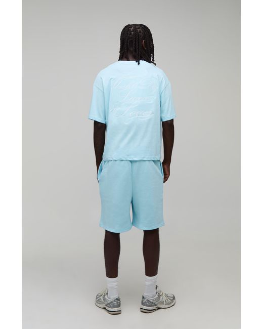 BoohooMAN Blue Oversized Boxy Embroidered Luxury Yachts T-Shirt & Baggy Short Set for men