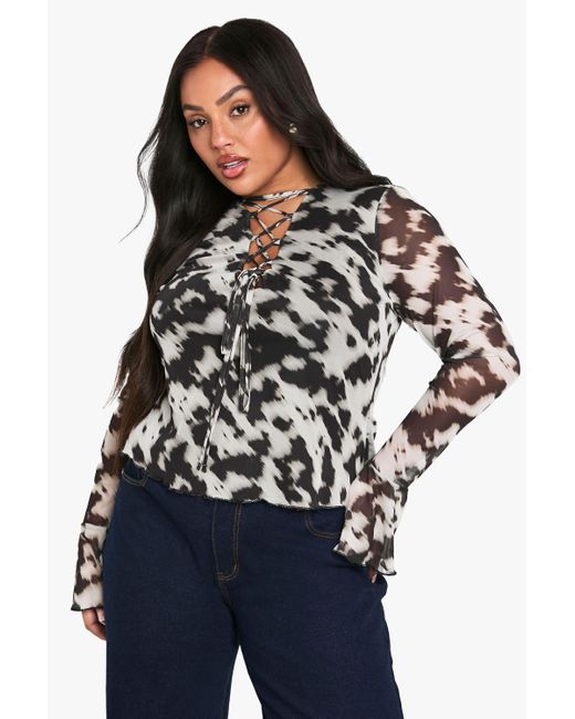 Boohoo Blue Plus Cross Plunge Detail Flare Sleeve Long Sleeve Top