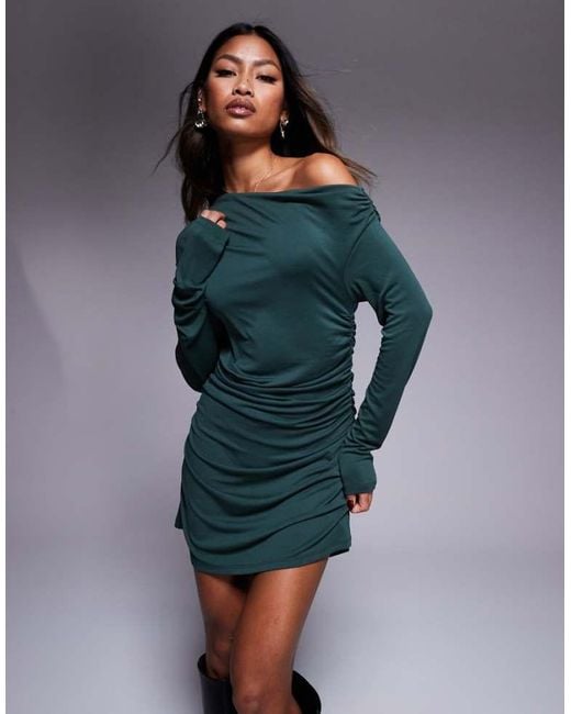ASOS Blue Modal Fallen Shoulder Ruched Mini Dress