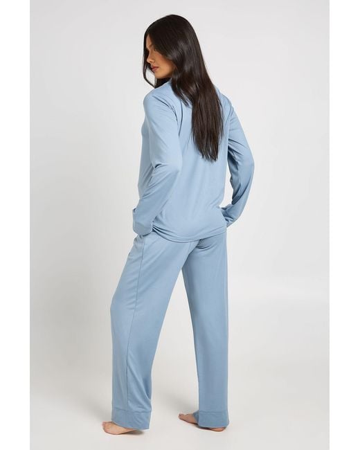 Boohoo Blue Matenity Soft Touch Button Through Shirt And Trouser Pyjama Set