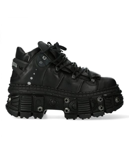New Rock Black Goth Leather Ankle Boots-Wall106-S25