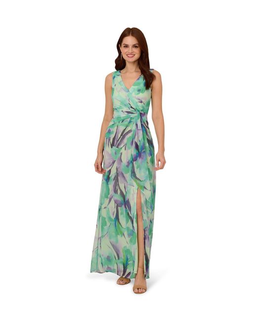 Adrianna Papell Green Draped Floral Chiffon Gown