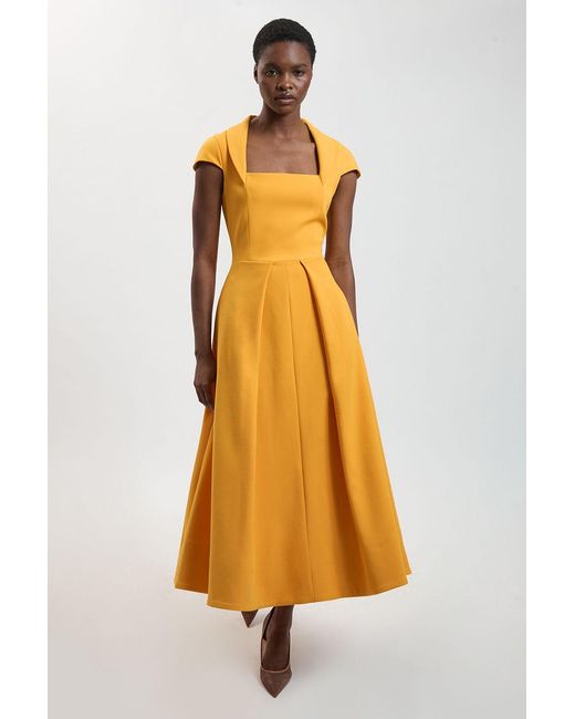 Karen Millen Yellow Square Neck Tailored Full Skirted Maxi Dress