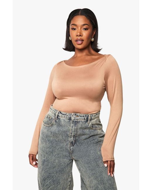 Boohoo Blue Plus Wide Neck Long Sleeve Top