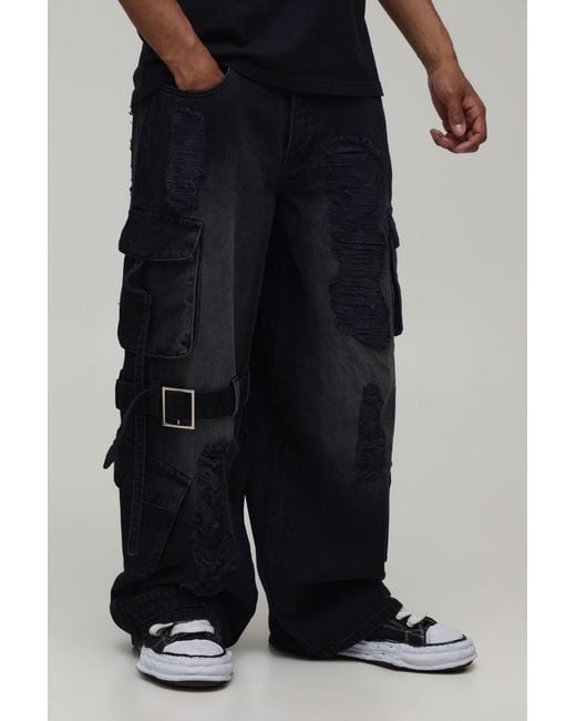BoohooMAN Black Extreme Washed Cargo Strap Detail Baggy Jeans for men