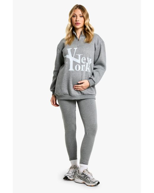 Boohoo Blue Maternity New York Large Graphic Half Zip Legging Set