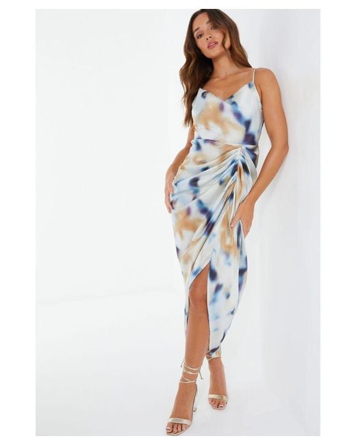 Quiz Blue Multicoloured Marble Print Satin Ruched Midaxi Dress