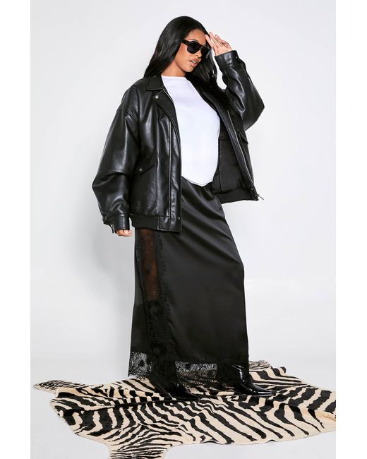 Boohoo Black Plus Satin Lace Trim Maxi Skirt