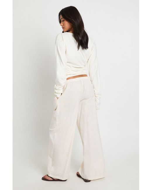 Boohoo Natural Wide Leg Linen Look Trouser
