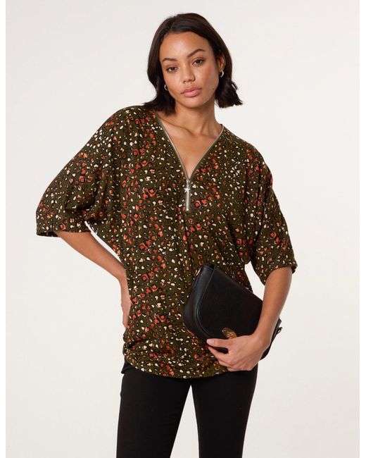 Blue Vanilla Brown Printed Zip Front Top