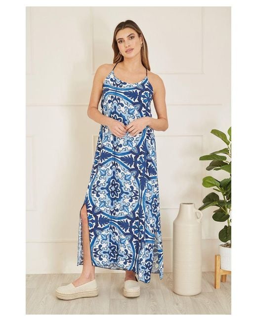 Mela London Blue Tile Print Maxi Dress With Side Split Hem Viscose