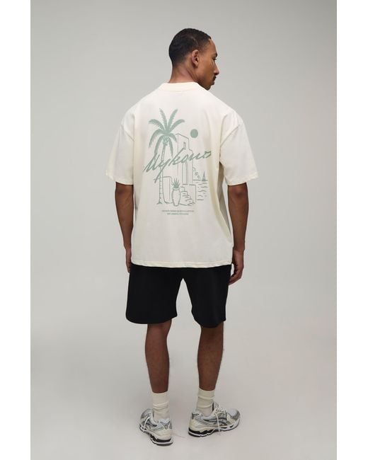 BoohooMAN Natural Oversized Extended Neck Mykonos Palm Print T-Shirt & Short Set for men