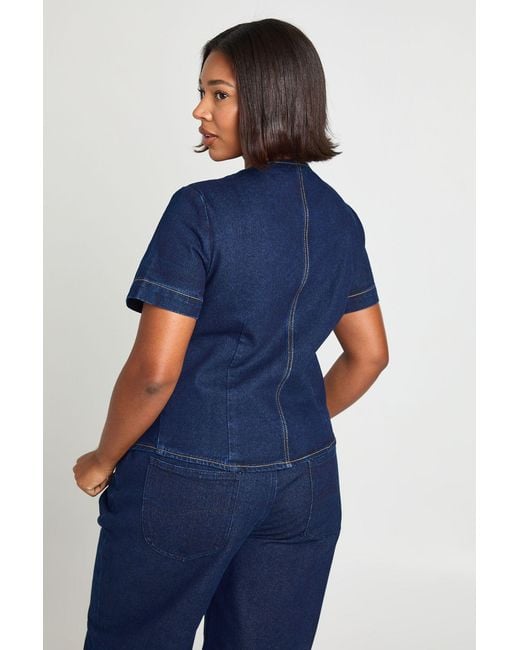 Boohoo Blue Plus Button Short Sleeve Denim Top