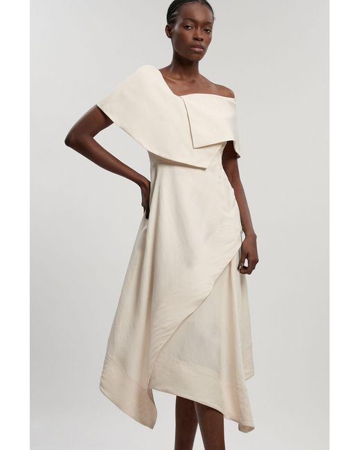Karen Millen Natural Premium Viscose Linen Tailored Asymmetric Neck Full Skirted Midi Dress