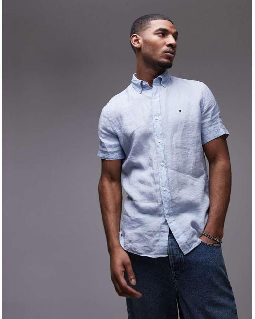 Tommy Hilfiger Blue Linen Short Sleeve Shirt for men