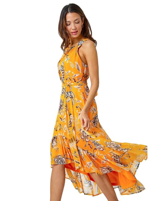 Roman Orange Sleeveless Floral Halter Neck Midi Dress