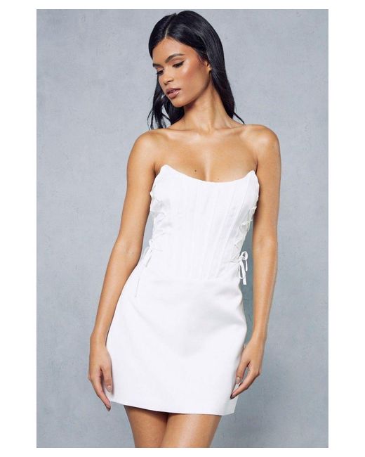 MissPap White Premium Satin Corseted Lace Up Detail Mini Dress
