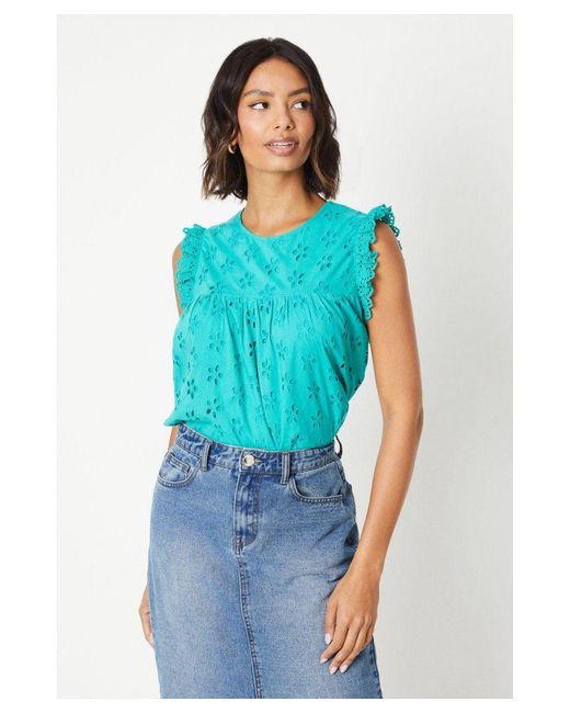 Dorothy Perkins Blue Broderie Frill Sleeve Cut Out Back Top