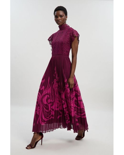 Karen Millen Purple Guipure Lace Pleated Maxi Dress