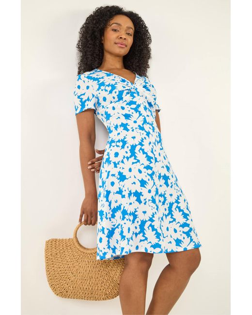 Roman Blue Petite Floral Twist Front Dress